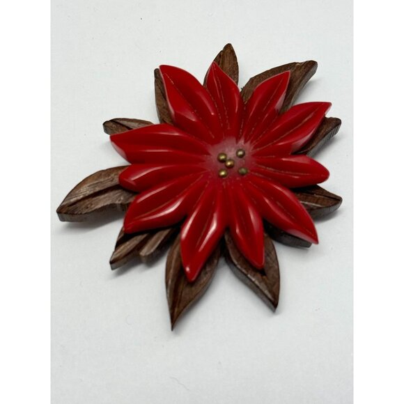 Vintage wood plastic red flower dress clip - Picture 2 of 6